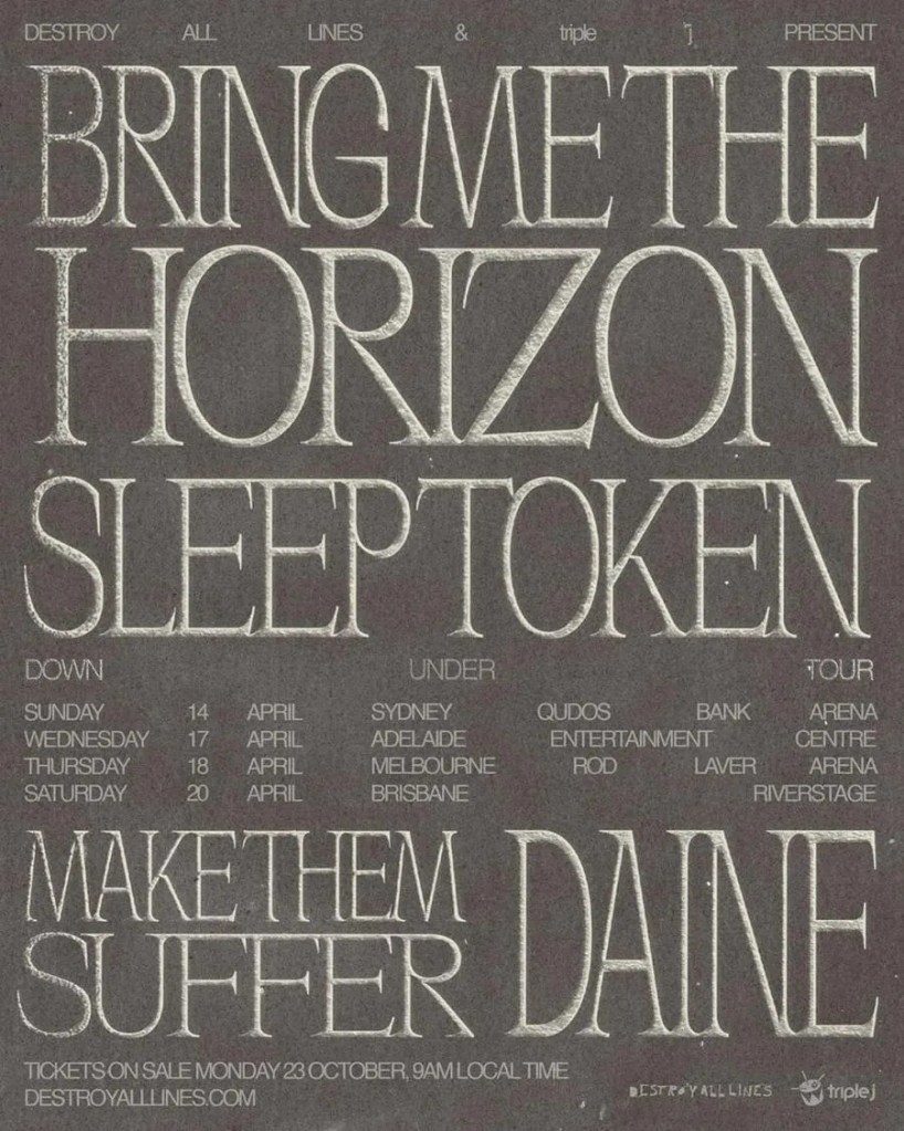tournée 2024 sleep token - affiche de la tournée de Bring Me The Horizon en 2024 en Australie avec Sleep Token en première partie, Daine et Make Them Suffer