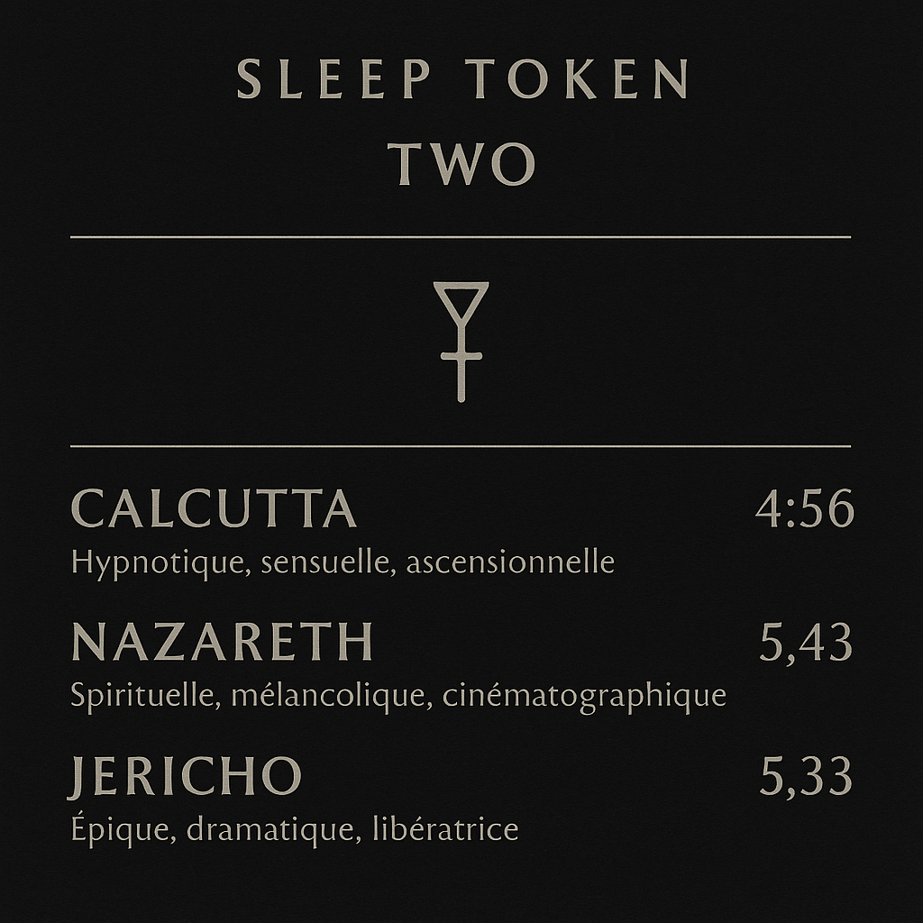 Two Sleep Token - illustration graphique de la track list de l'EP Two de Sleep Token avec les titres, les durées des chansons et les styles d'ambiance par morceau