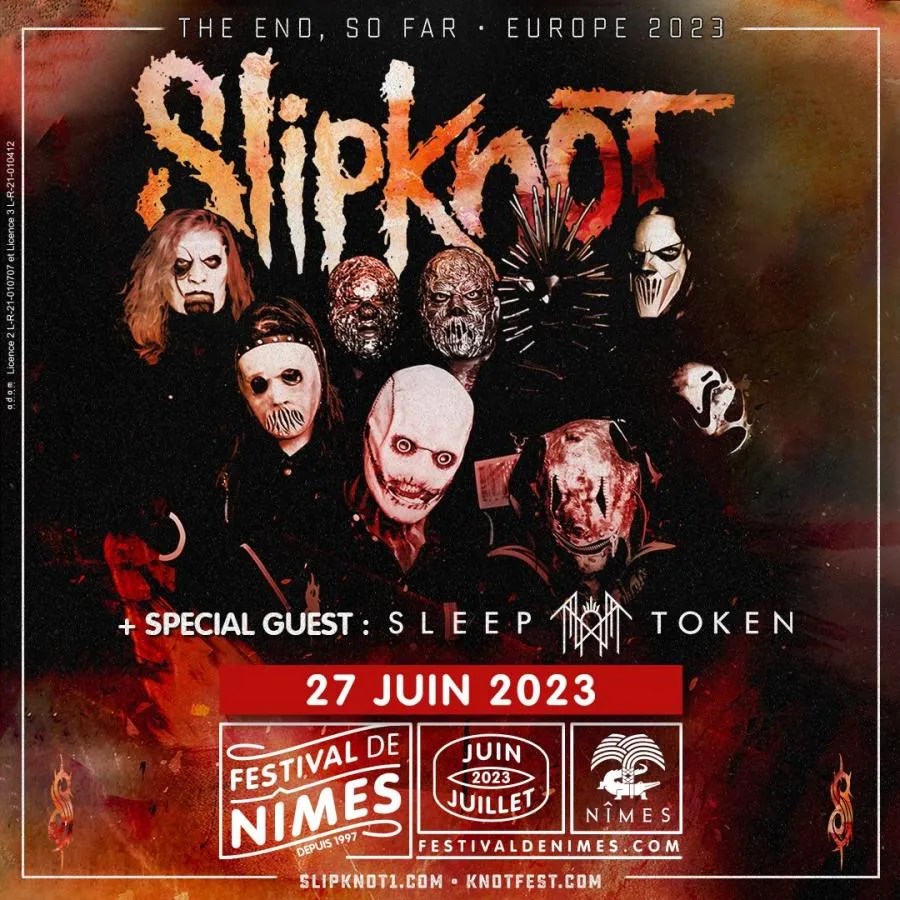 tournée 2023 sleep token -  affiche du concert de Slipknot aux Arènes de Nîmes le 27 juin 2023 avec Sleep Token en première partie