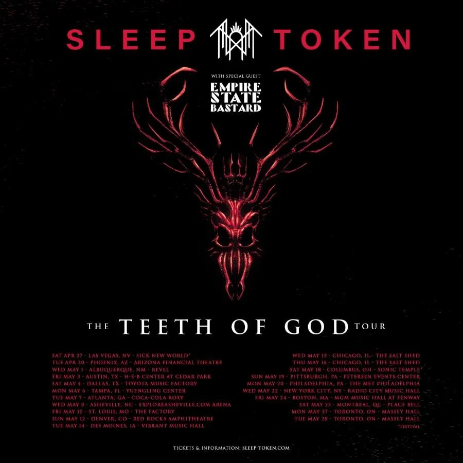 tournées sleep token - affiche de la tournée The Teeth of God de Sleep Token avec les dates et lieux et Empire State Bastard en première partie